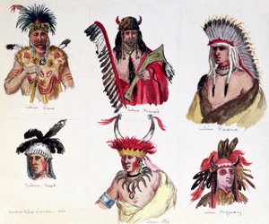 Porträtt av sex indianer från stammarna Sioux, Renard, Pawnee, Creek, Otto och Chippewa, 1861